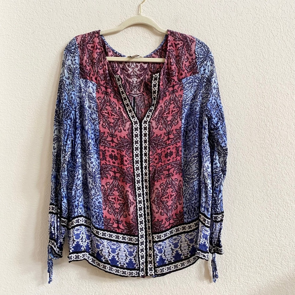 Lucky Brand Women's Long Sleeve Peasant Blouse Pink Blue Paisley Print Size L